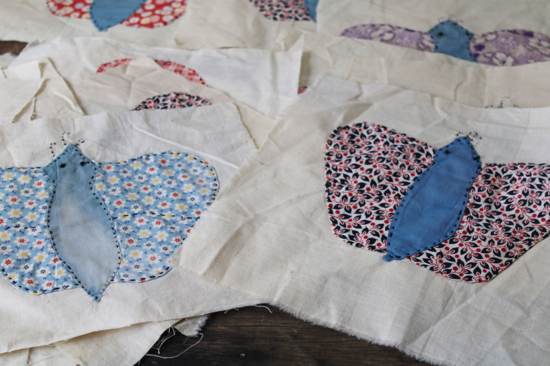 1940s 50s vintage cotton print applique embroidered quilt blocks, 30 squares all butterflies