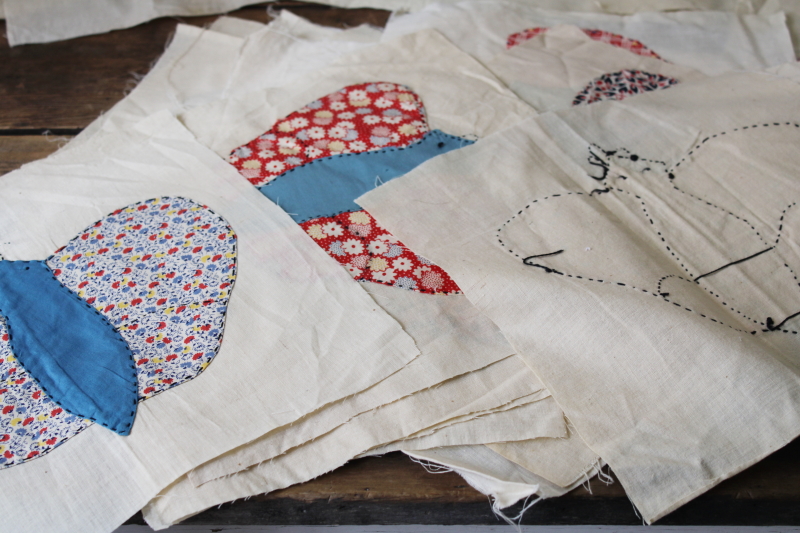 1940s 50s vintage cotton print applique embroidered quilt blocks, 30 squares all butterflies