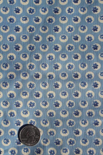 1940s 50s vintage fabric, cotton print flower dot retro polka dots blue & creamy white