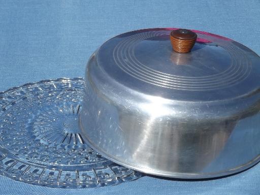 1940s 50s vintage glass cake plate w/ aluminum dome cake cover