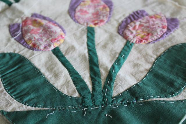 1940s 50s vintage hand stitched quilt blocks, tulip applique flower cotton prints