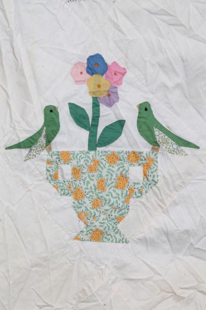1940s 50s vintage hand-stitched applique album quilt top, birds & flowers