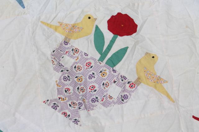 1940s 50s vintage hand-stitched applique album quilt top, birds & flowers