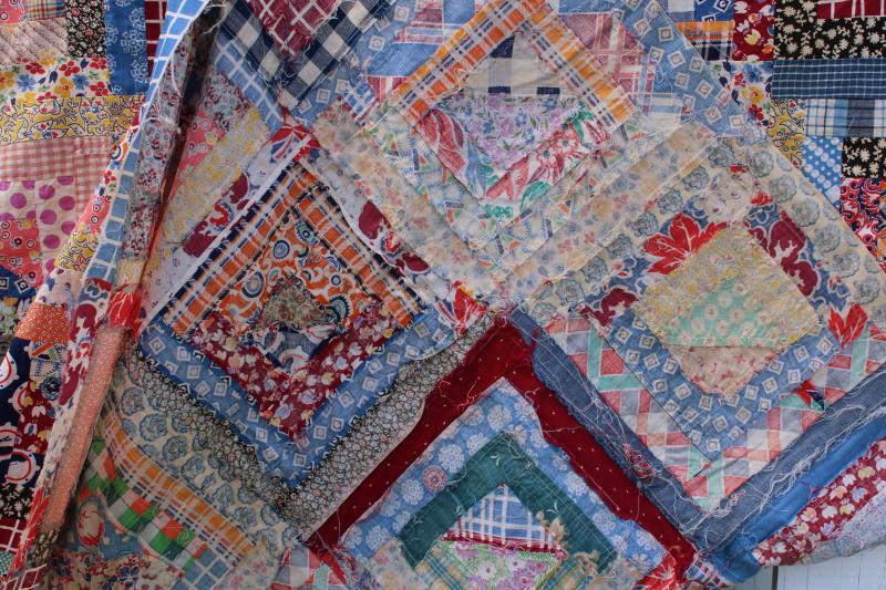 1940s 50s vintage log cabin patchwork quilt top, bright cotton prints fabric
