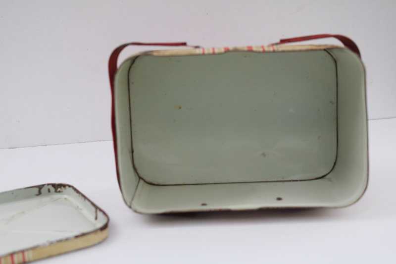 1940s 50s vintage metal picnic basket tin w/ lid, lunchbox size toy picnic hamper