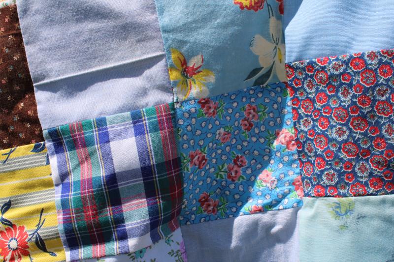 1940s 50s vintage patchwork blocks quilt top, bright cotton prints fabric