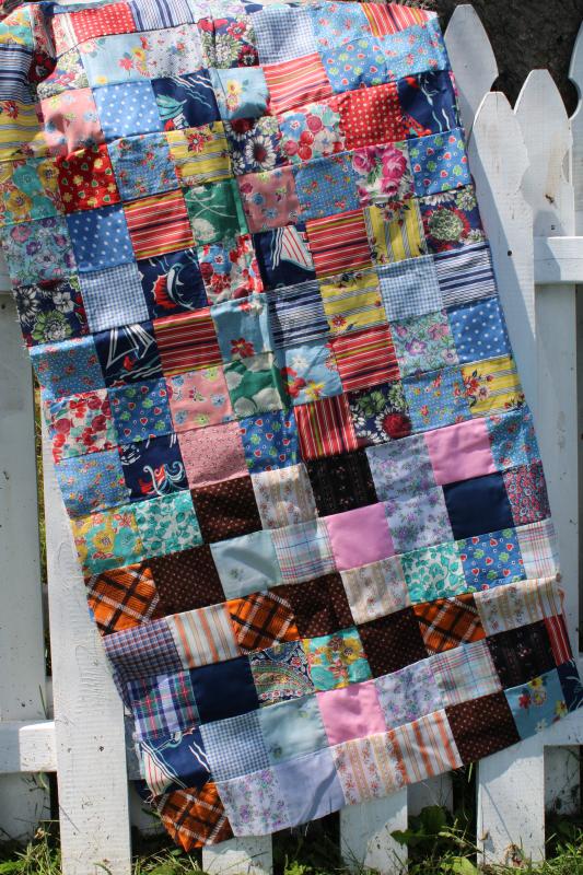 1940s 50s vintage patchwork blocks quilt top, bright cotton prints fabric