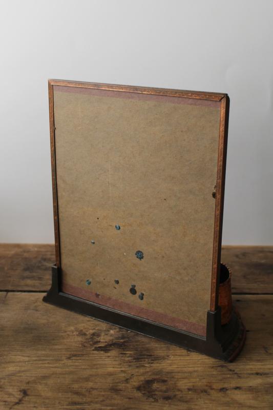 1940s 50s vintage picture frame photo stand w/ copper bronzed baby shoes