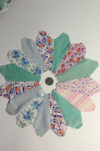 1940s 50s vintage pieced patchwork quilt blocks, dresden plate flowers all cotton print fabrics