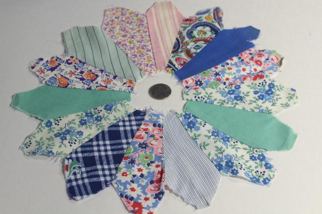 1940s 50s vintage pieced patchwork quilt blocks, dresden plate flowers all cotton print fabrics