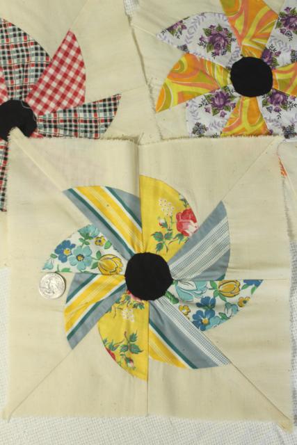 1940s 50s vintage pieced patchwork quilt blocks, pinwheel windmill cotton print fabrics
