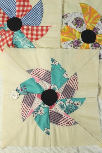 1940s 50s vintage pieced patchwork quilt blocks, pinwheel windmill cotton print fabrics