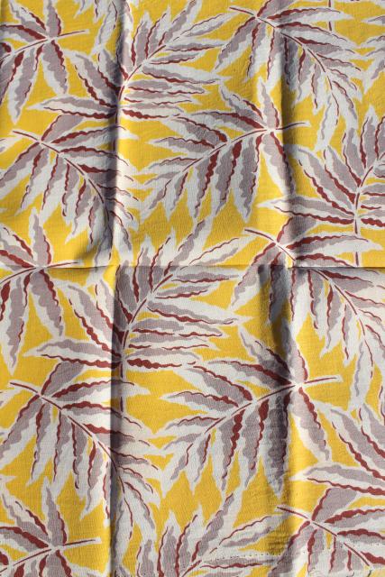 1940s 50s vintage printed cotton feed sack fabric, ferns or palms on yellow