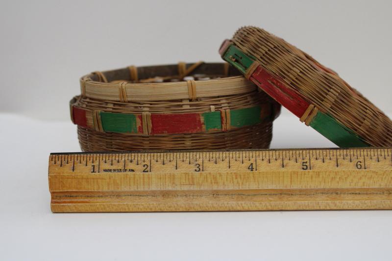 1940s 50s vintage round bamboo basket, childs size sewing box tiny work basket
