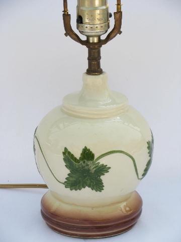 1940s - 50s vintage table lamp w/ green vines, cottage ivy pottery