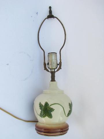 1940s - 50s vintage table lamp w/ green vines, cottage ivy pottery