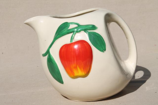 1940s or 50s vintage pippin red apple pitcher, hand-painted USA pottery jug 