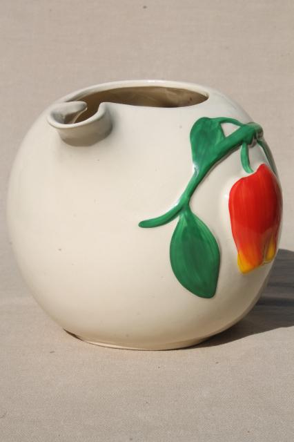 1940s or 50s vintage pippin red apple pitcher, hand-painted USA pottery jug 