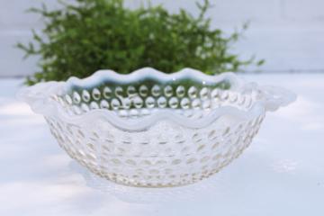 1940s vintage Anchor Hocking moonstone white opalescent hobnail glass, crimped bowl w/ handles
