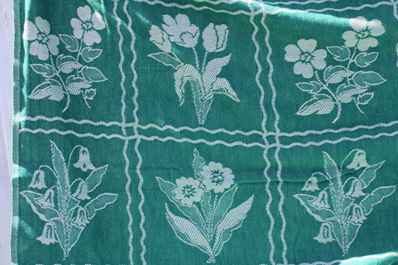 1940s vintage Bates woven cotton bedspread, jade green  white floral blocks