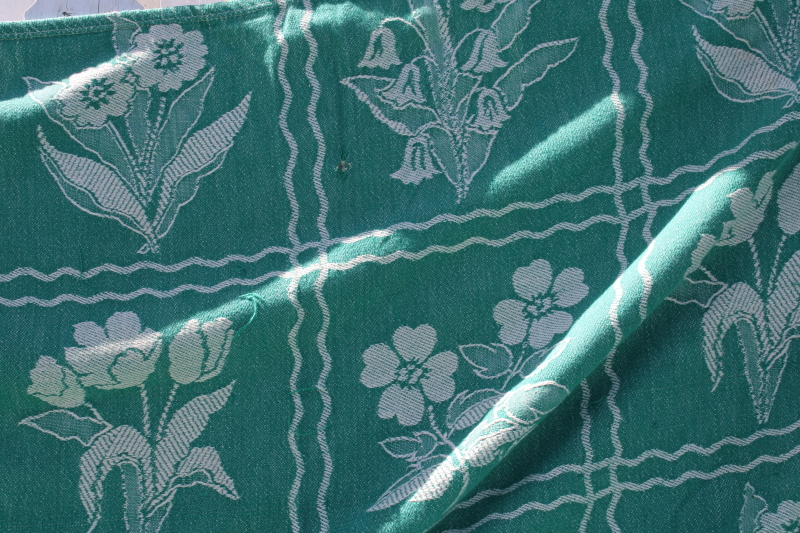 1940s vintage Bates woven cotton bedspread, jade green  white floral blocks