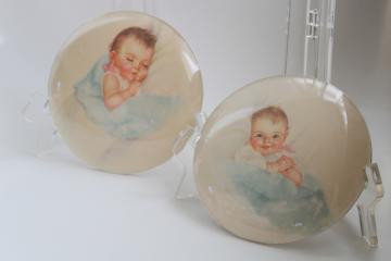 1940s vintage Charlotte Becker baby prints, small wall art plaques convex bubble glass
