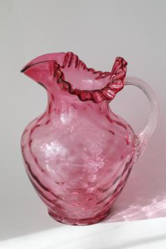 1940s vintage Fenton ruby cranberry glass pitcher, diamond optic pattern blown glass