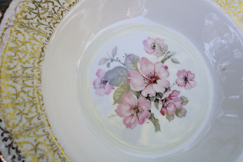 1940s vintage Homer Laughlin soup bowls gold filigree border pink apple blossom floral