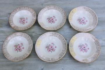 1940s vintage Homer Laughlin soup bowls gold filigree border pink apple blossom floral