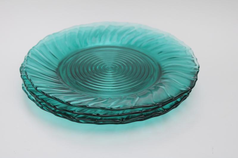 1940s vintage Jeannette swirl ultramarine teal glass, set of four dinner plates