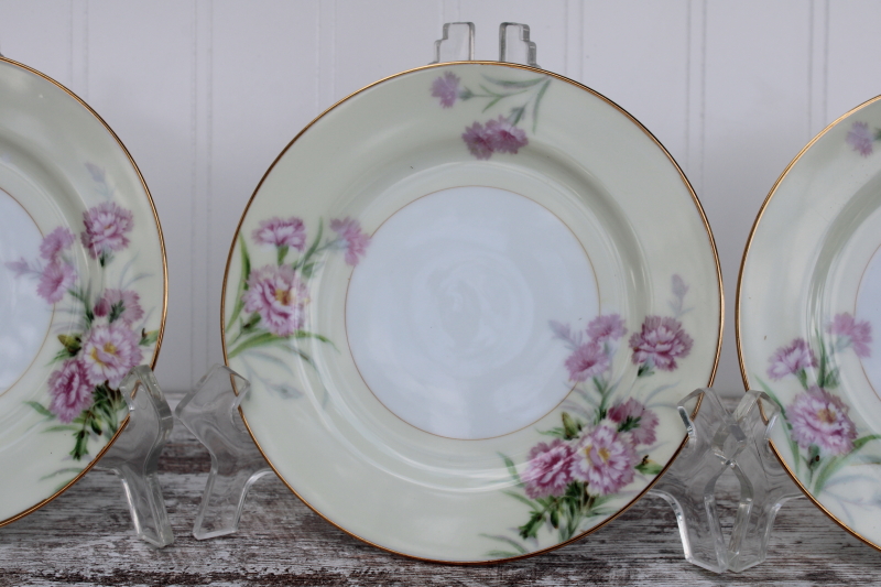 1940s vintage Morimura M mark Noritake china bread & butter or dessert plates, Mystery no 1 pink carnations floral