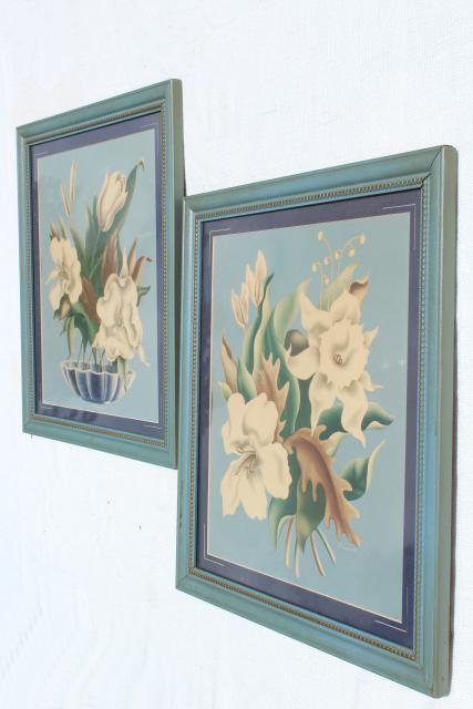 1940s vintage Turner floral prints in wood frames, shabby cottage chic farmhouse style