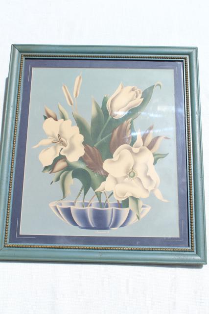 1940s vintage Turner floral prints in wood frames, shabby cottage chic farmhouse style