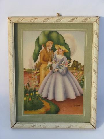 1940s vintage boudoir print in old white paint frame, southern lady & gent