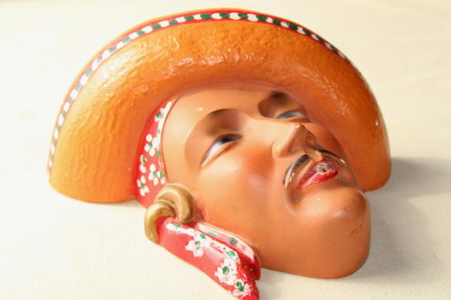 1940s vintage chalkware head wall plaque string holder, Mexican sombrero w/ handsome bandit