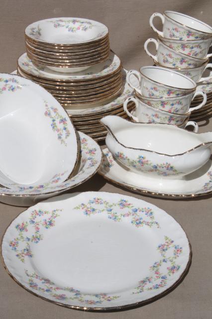 1940s vintage china dishes, Blue Belle forget-me-not floral dinnerware set for 8