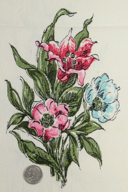 1940s vintage cotton barkcloth, print spring flowers tulips anemones floral bouquet