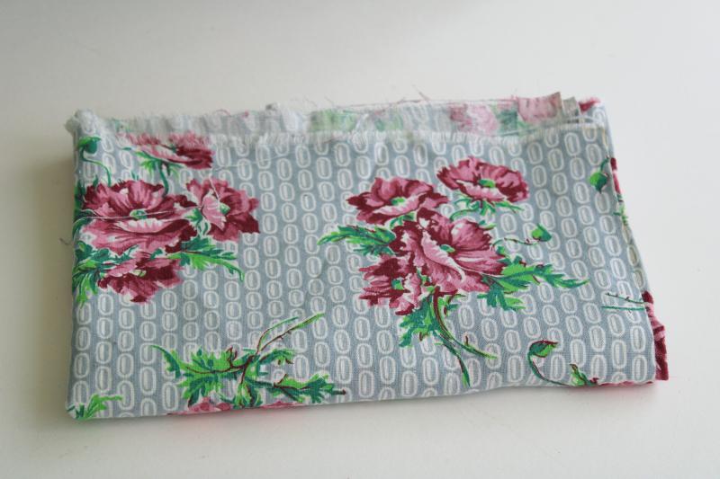 1940s vintage cotton feed sack fabric, floral print pink poppies on grey