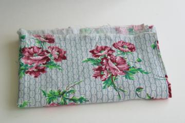 1940s vintage cotton feed sack fabric, floral print pink poppies on grey