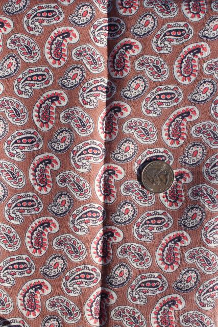 1940s vintage cotton feed sack fabric, paisley print coral pink & tan