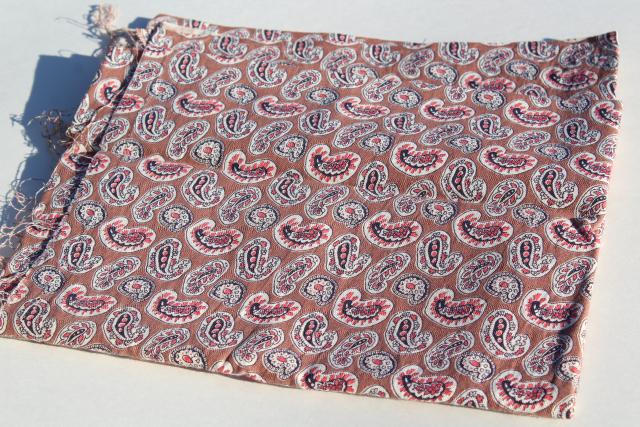 1940s vintage cotton feed sack fabric, paisley print coral pink & tan