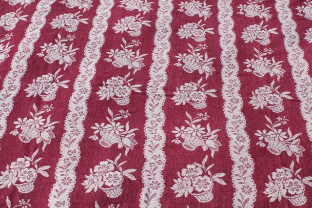 1940s vintage cotton jacquard bedspread, burgundy wine & white flower basket pattern