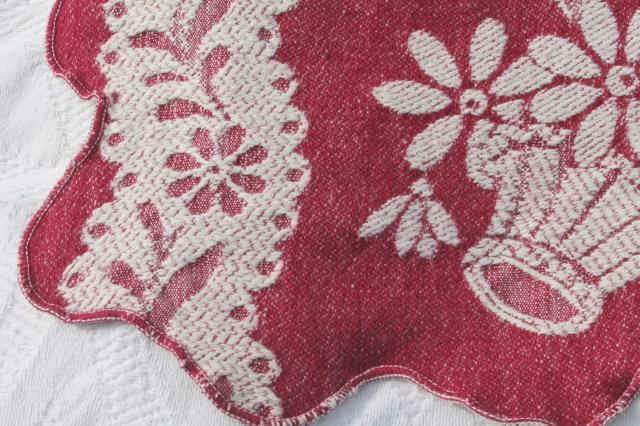 1940s vintage cotton jacquard bedspread, burgundy wine & white flower basket pattern
