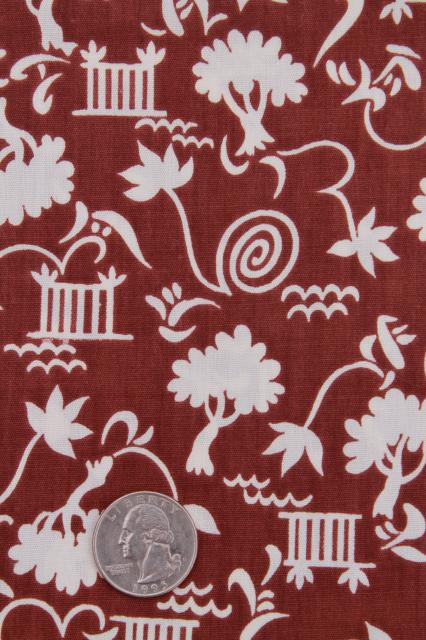 1940s vintage cotton print fabric, brown & white dress / skirt material, tree in a garden