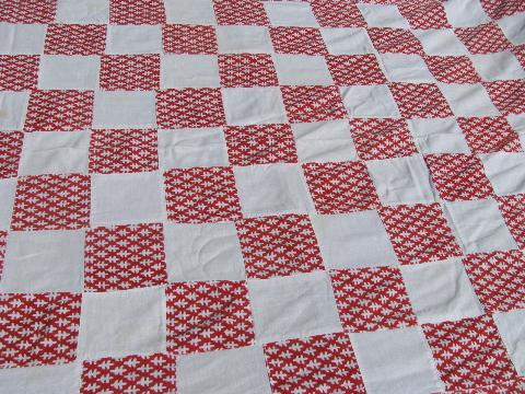 1940s vintage cotton print feedsack fabric red & white patchwork bed cover
