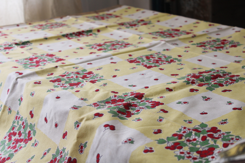 1940s vintage kitchen tablecloth, yellow w/ red cherries  daisies print cotton