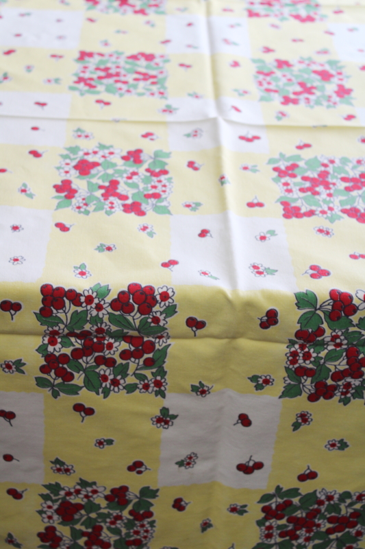 1940s vintage kitchen tablecloth, yellow w/ red cherries  daisies print cotton
