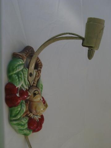 1940s vintage kitchen task light, wall sconce lamp, painted bird & cherries
