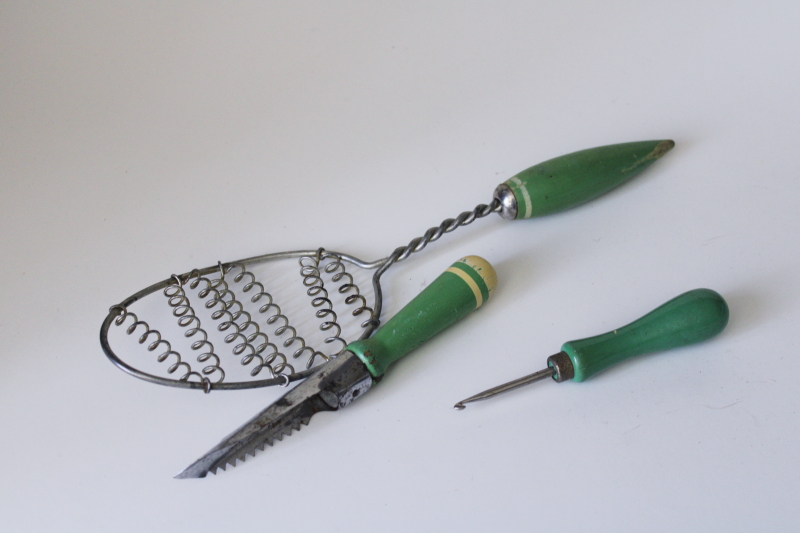 1940s vintage kitchen tools, utensils w/ green painted wood handles