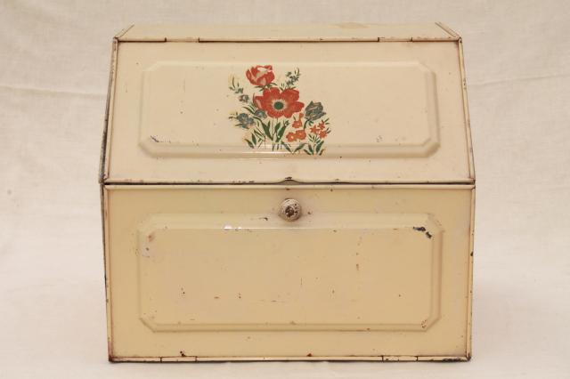 1940s vintage metal bread box, tin breadbox for country farmhouse kitchen